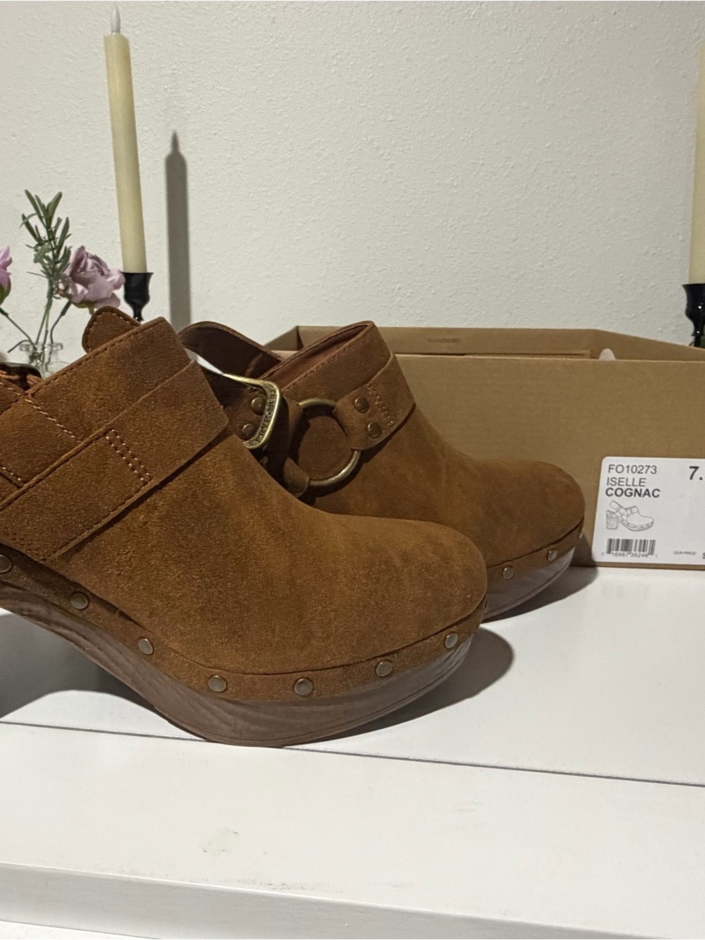 FRYE AND CO. Cognac Suede Studded Clog Mules with Brass Ring